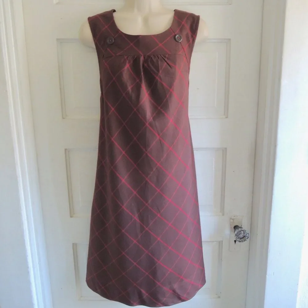 Anthro Maeve Brown & Red Silk Blend Windowpane Shift Dress 12